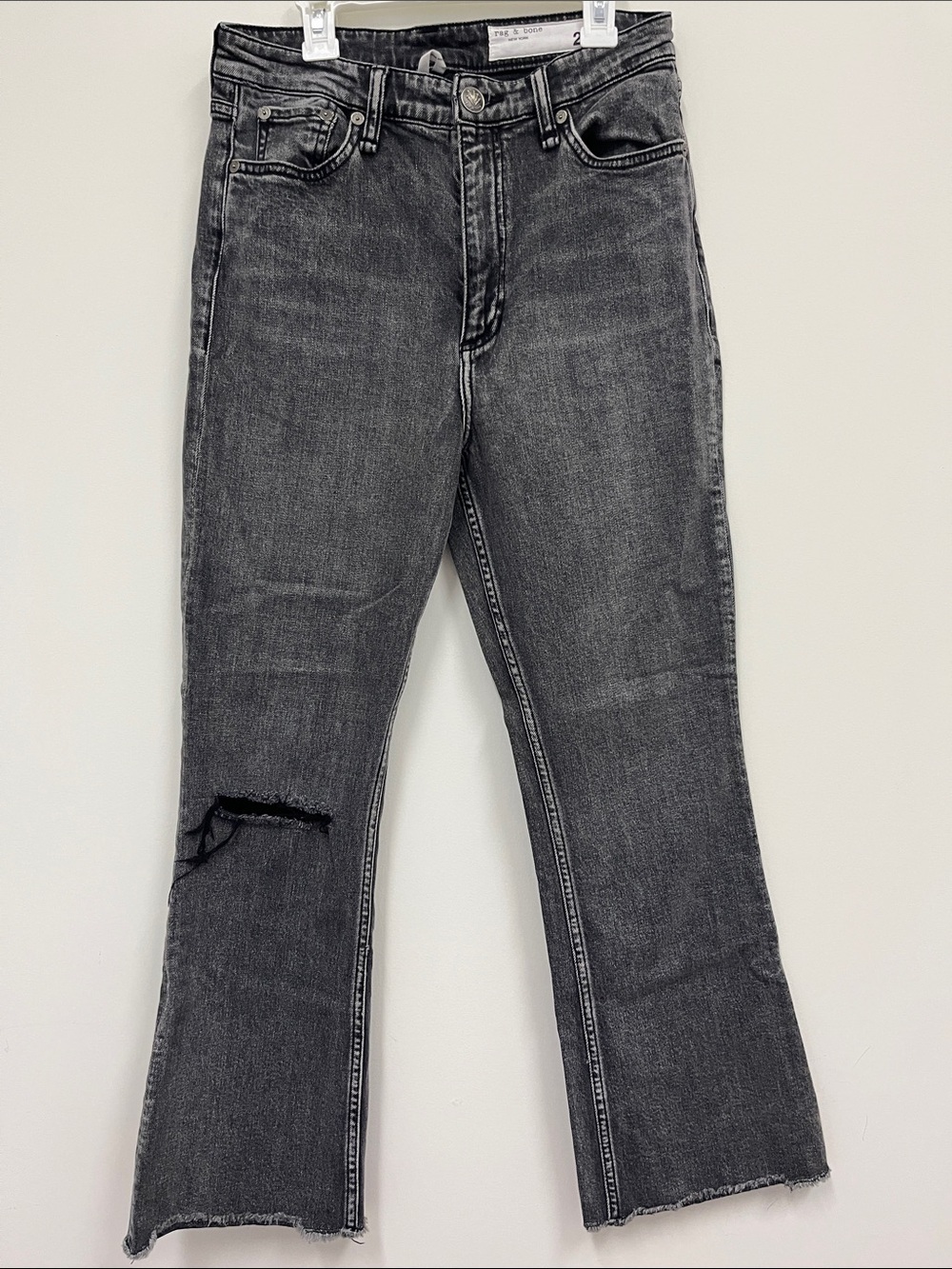 rag & bone Casey High Rise Gray Cropped Flare Jeans with Distressed Knee size 27